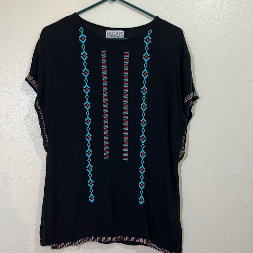 Pink Cadillac sleeveless black top with embroidery. Size Medium